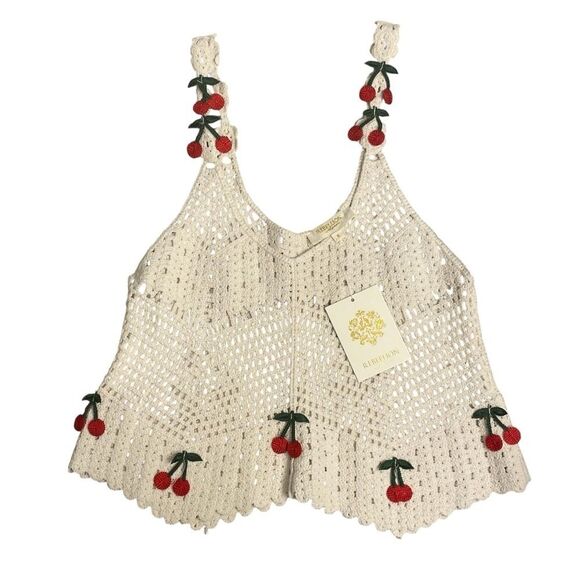Rebellion Crochet Tank Top Cherries Cream & Red Junior’s Size Small*** - Picture 5 of 13